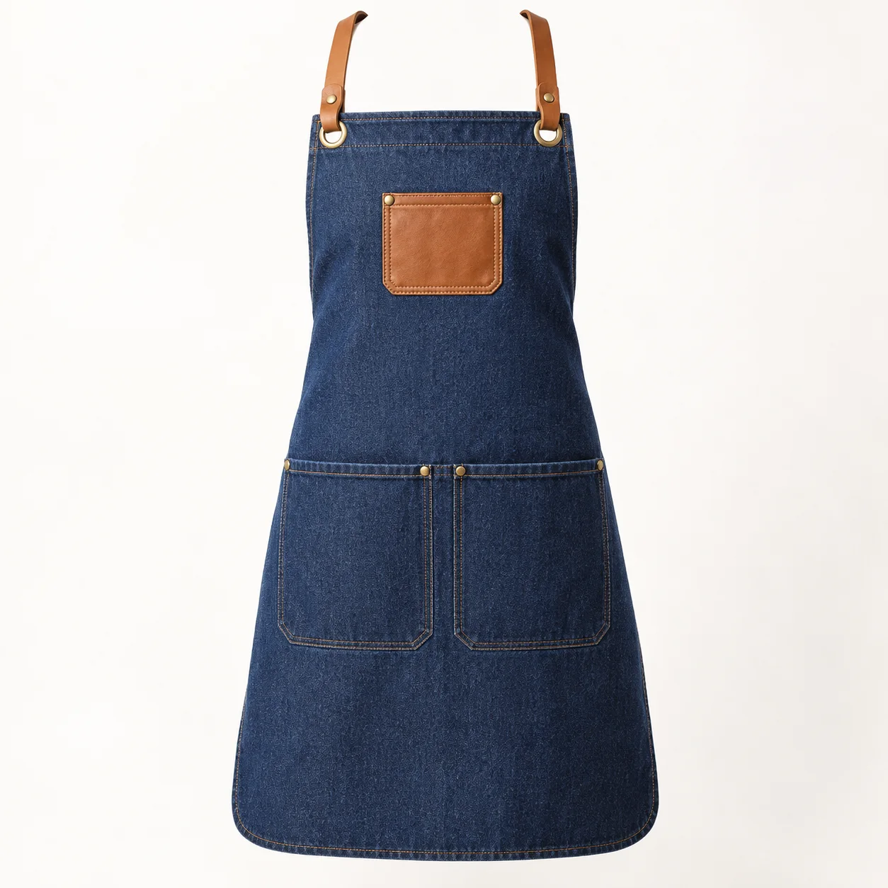 Tạp dề yếm denim xanh dây nâu ba túi