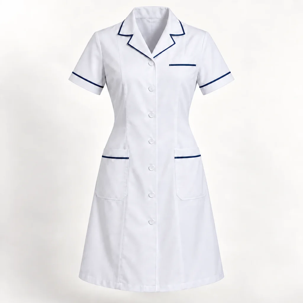Váy đồng phục y tế cổ ve viền navy ba túi