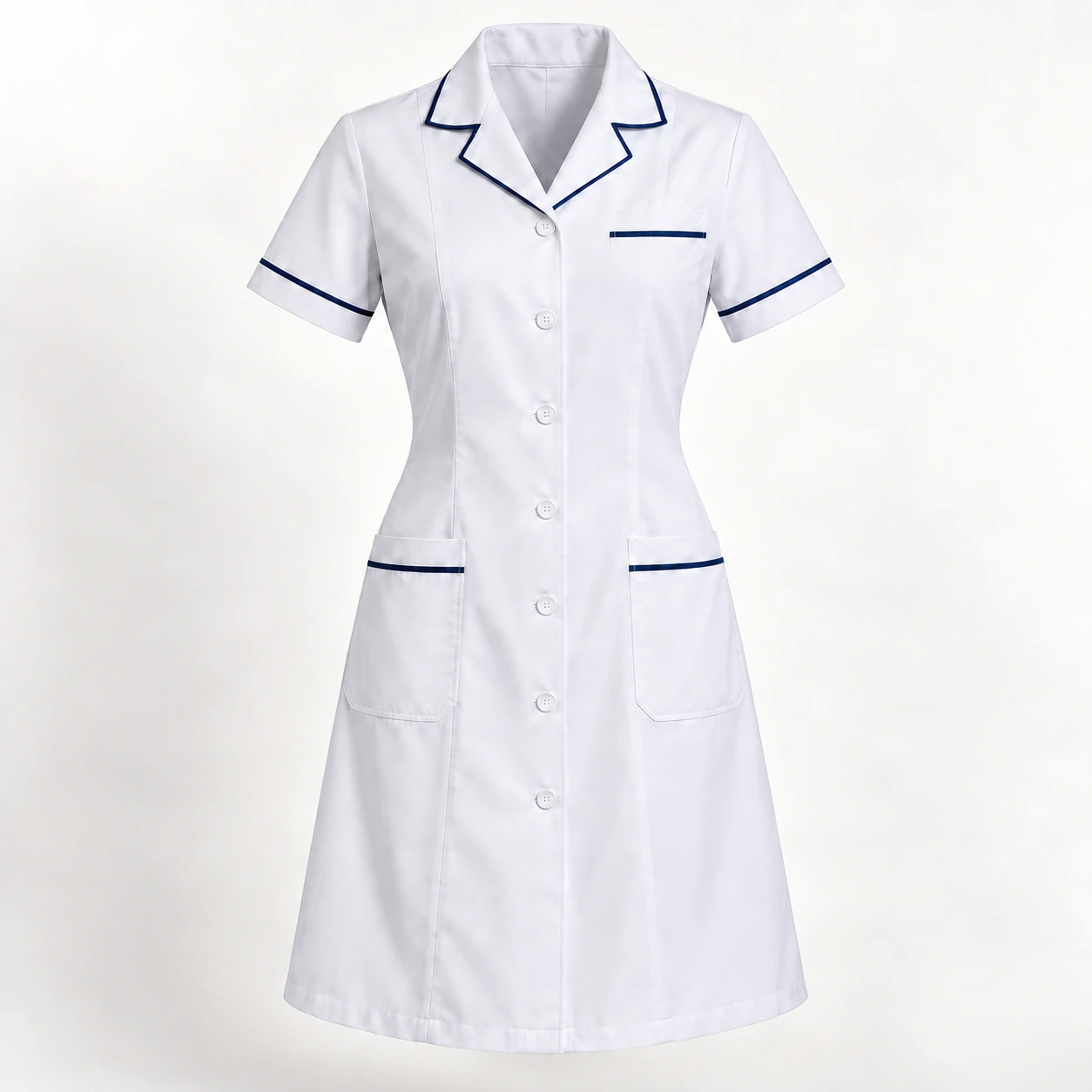 Váy đồng phục y tế cổ ve viền navy ba túi