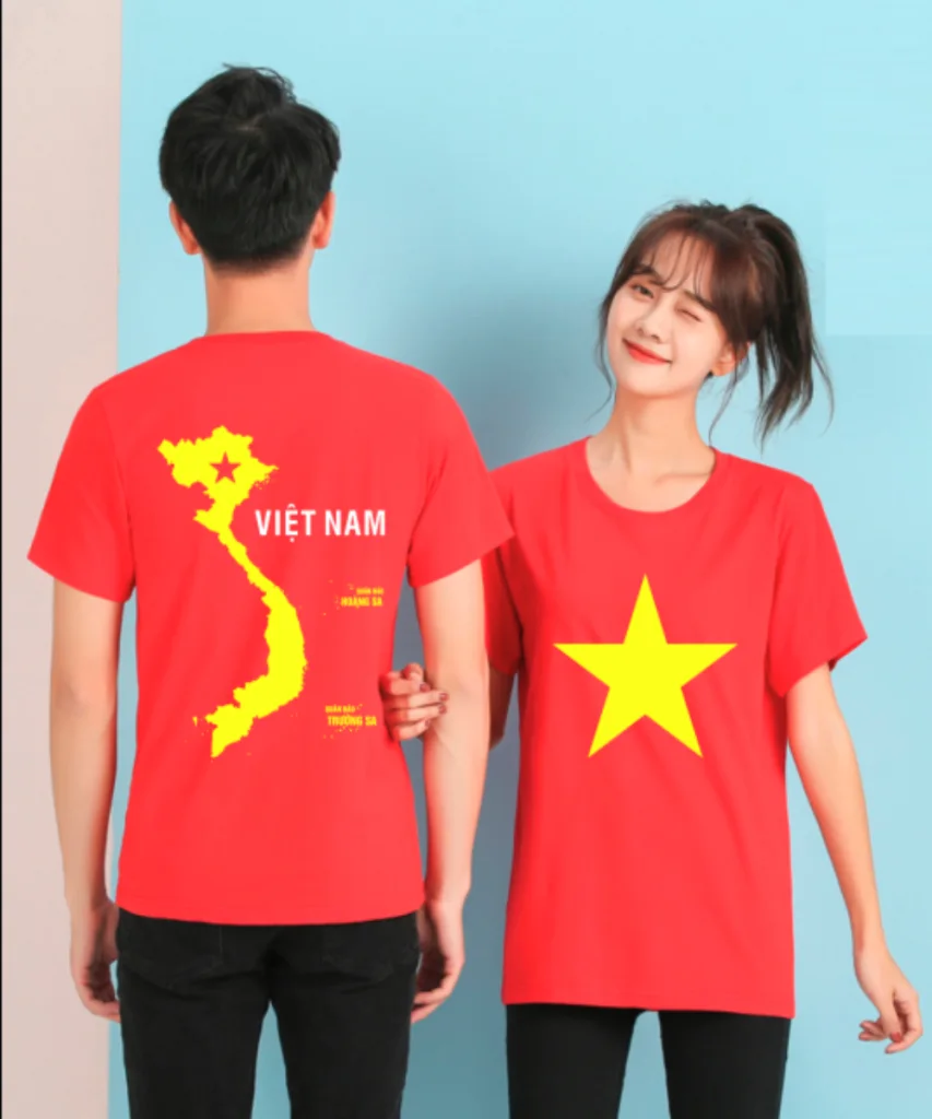 Áo Cờ Đỏ Sao Vàng Nam Nữ Cổ Tròn In Bản Đồ Việt Nam Mặt Sau