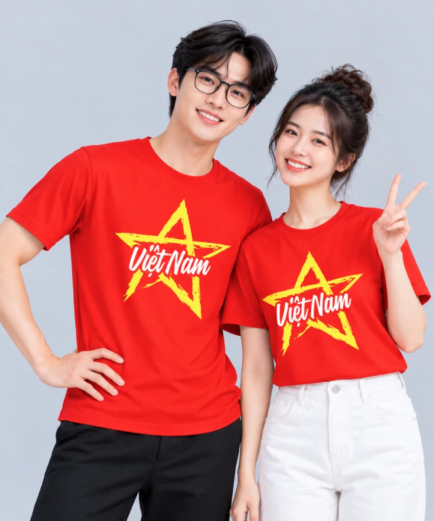 Áo Cờ Đỏ Sao Vàng Nam Nữ Cổ Tròn In Ngôi Sao Cách Điệu Và Chữ Việt Nam