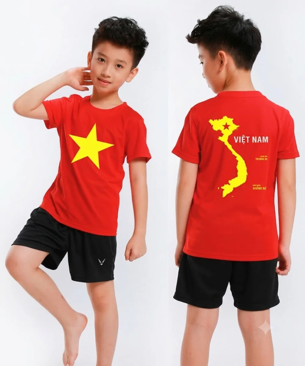Áo Cờ Đỏ Sao Vàng Trẻ Em Cổ Tròn In Bản Đồ Việt Nam Mặt Sau - ảnh 2