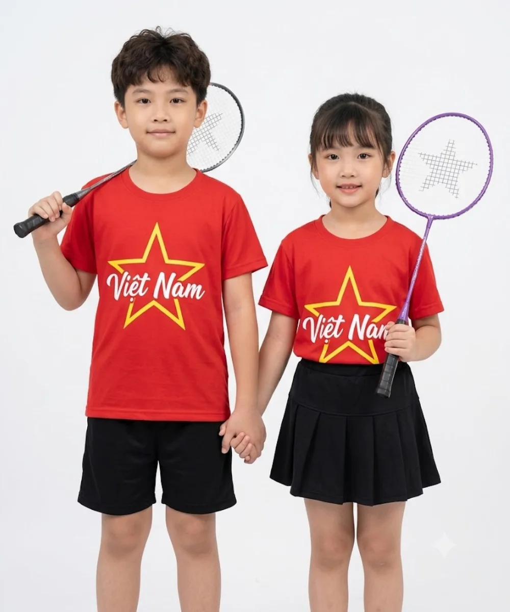 Áo Cờ Đỏ Sao Vàng Trẻ Em Cổ Tròn In Ngôi Sao Và Chữ Việt Nam Màu Trắng