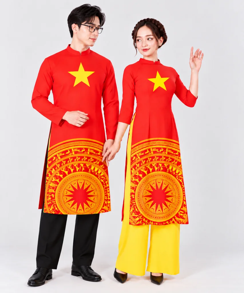 Áo Dài Cờ Đỏ Sao Vàng Nam Nữ Cách Tân In Họa Tiết Trống Đồng Việt Nam Trên Vạt Áo
