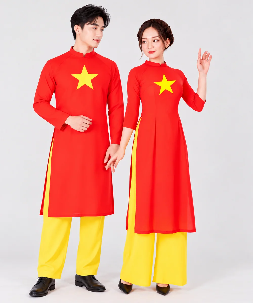 Áo Dài Cờ Đỏ Sao Vàng Nam Nữ Cách Tân In Ngôi Sao Vàng Trước Ngực