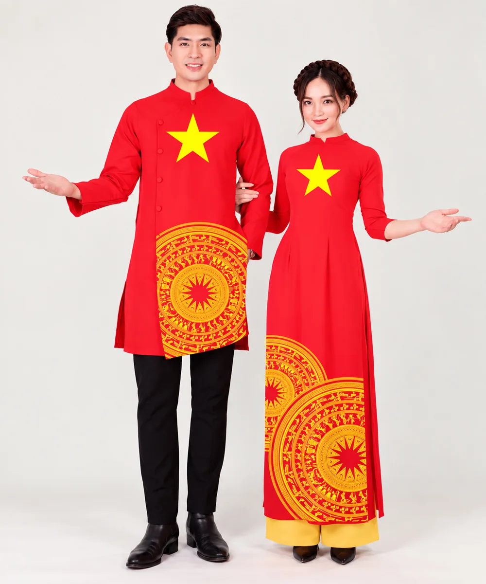 Áo Dài Cờ Đỏ Sao Vàng Nam Nữ In Họa Tiết Trống Đồng Việt Nam Trên Vạt Áo