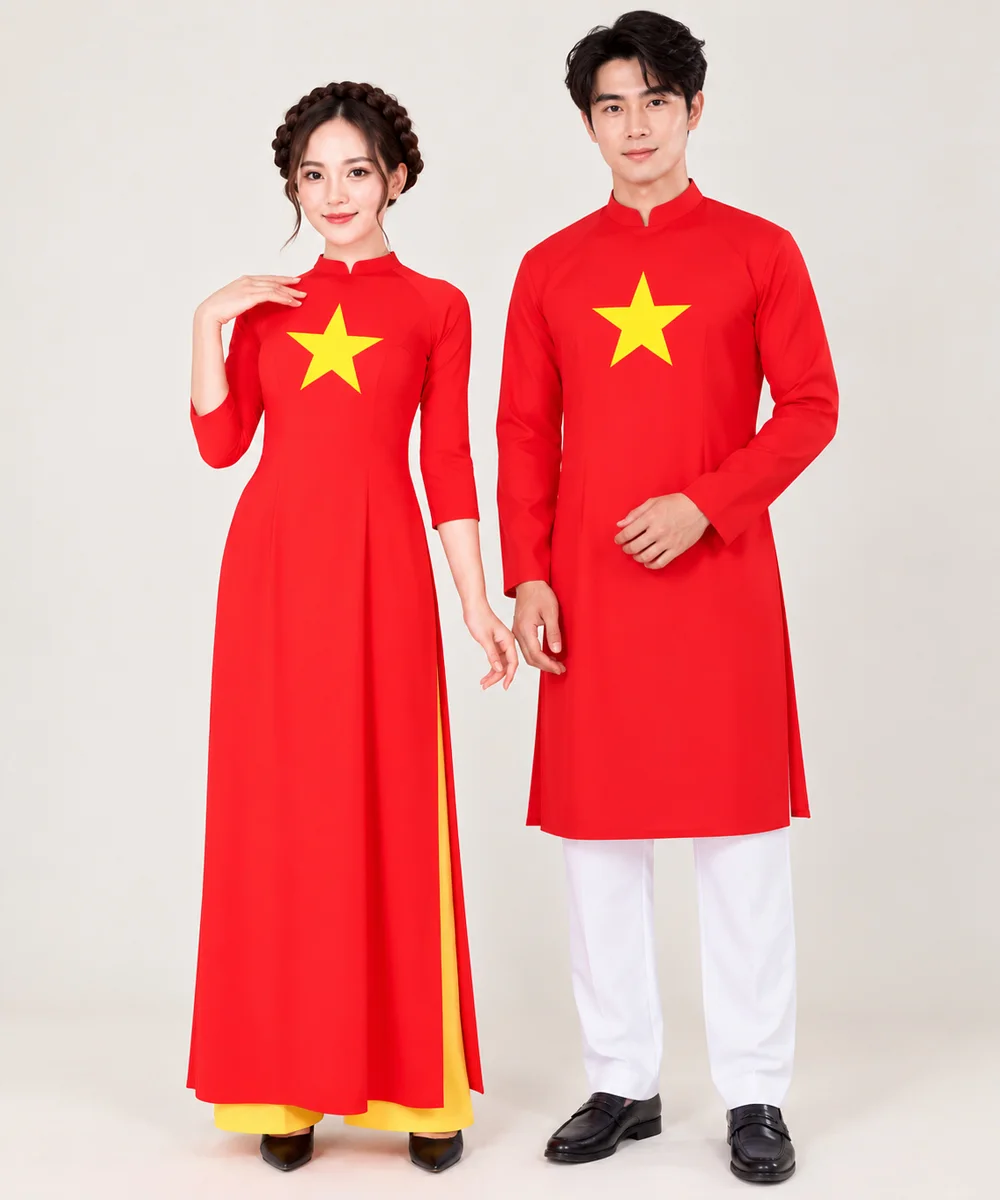 Áo Dài Cờ Đỏ Sao Vàng Nam Nữ Truyền Thống In Ngôi Sao Vàng Trước Ngực