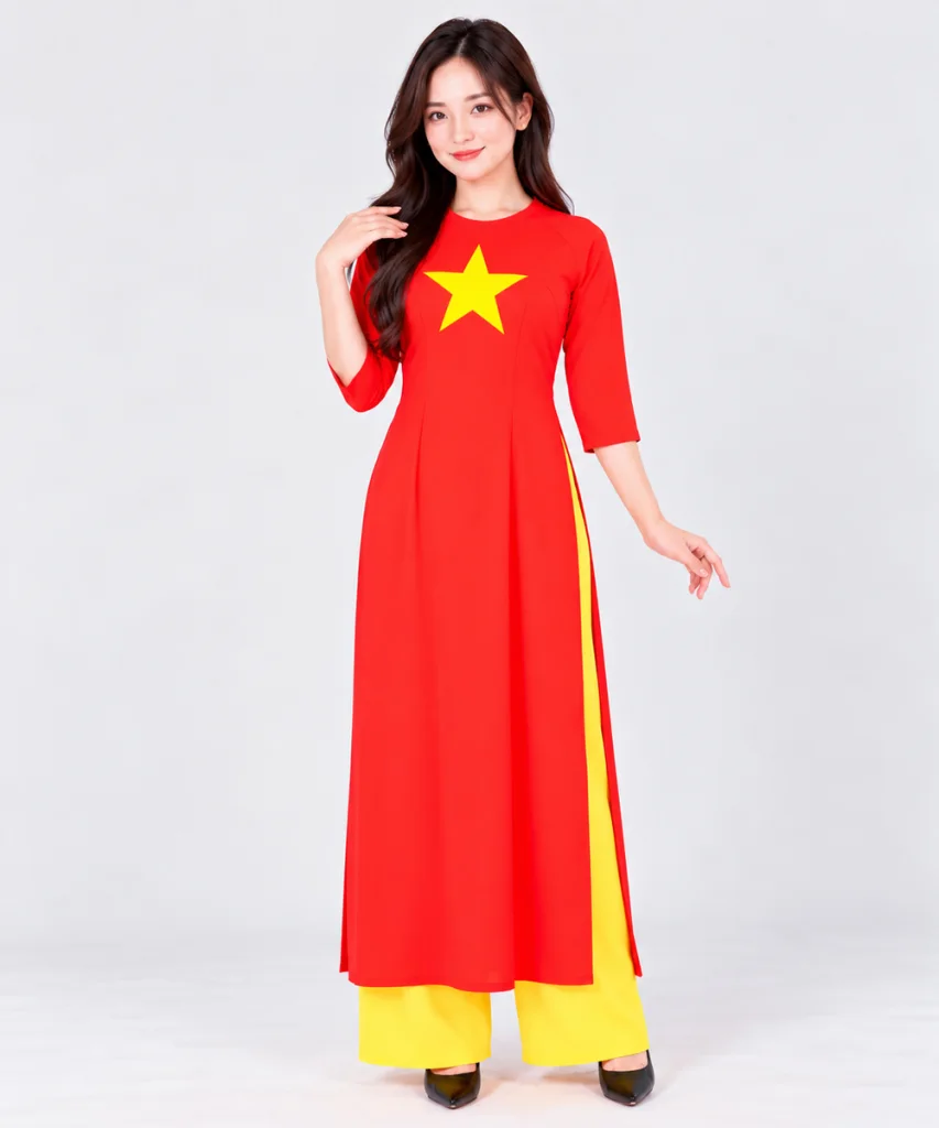 Áo Dài Nữ Cờ Đỏ Sao Vàng Truyền Thống Cổ Tròn