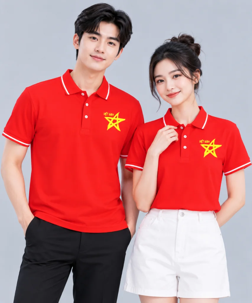 Áo Polo Cờ Đỏ Sao Vàng Nam Nữ In Ngôi Sao Và Chữ Việt Nam Màu Vàng