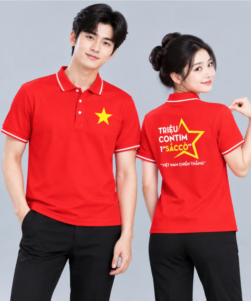 Áo Polo Cờ Đỏ Sao Vàng Nam Nữ In Ngôi Sao Và Slogan Triệu Con Tim Một Sắc Cờ