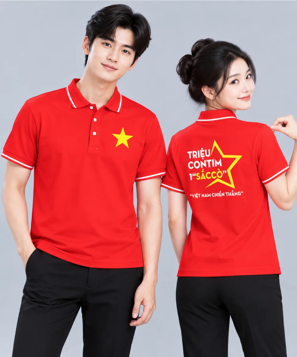 Áo Polo Cờ Đỏ Sao Vàng Nam Nữ In Ngôi Sao Và Slogan Triệu Con Tim Một Sắc Cờ
