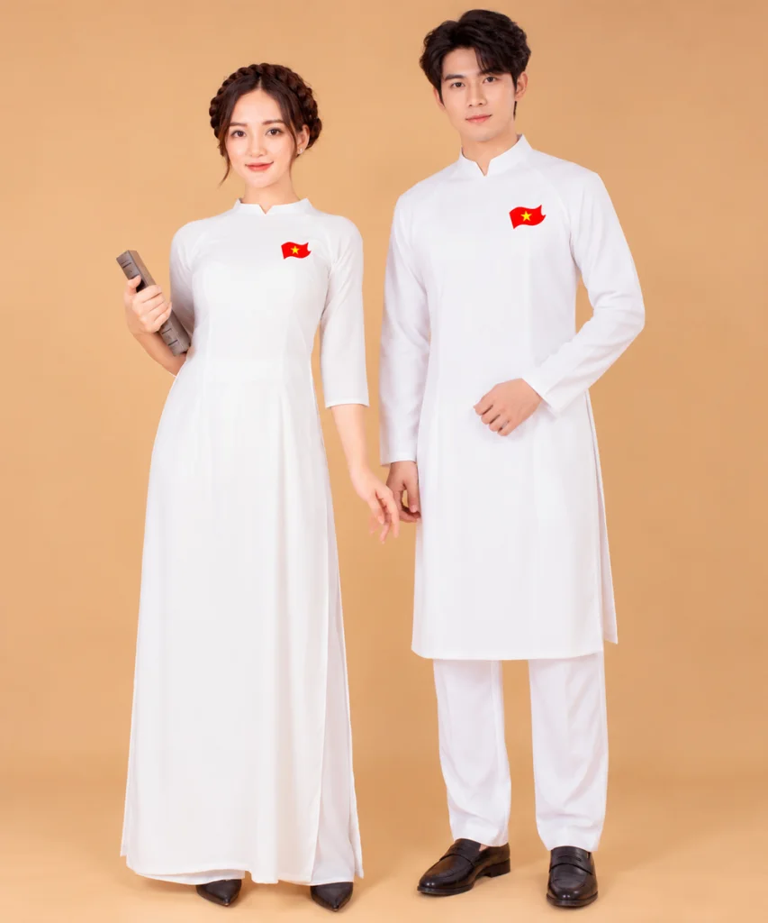 Áo dài trắng In hình lá cờ bay trong gió